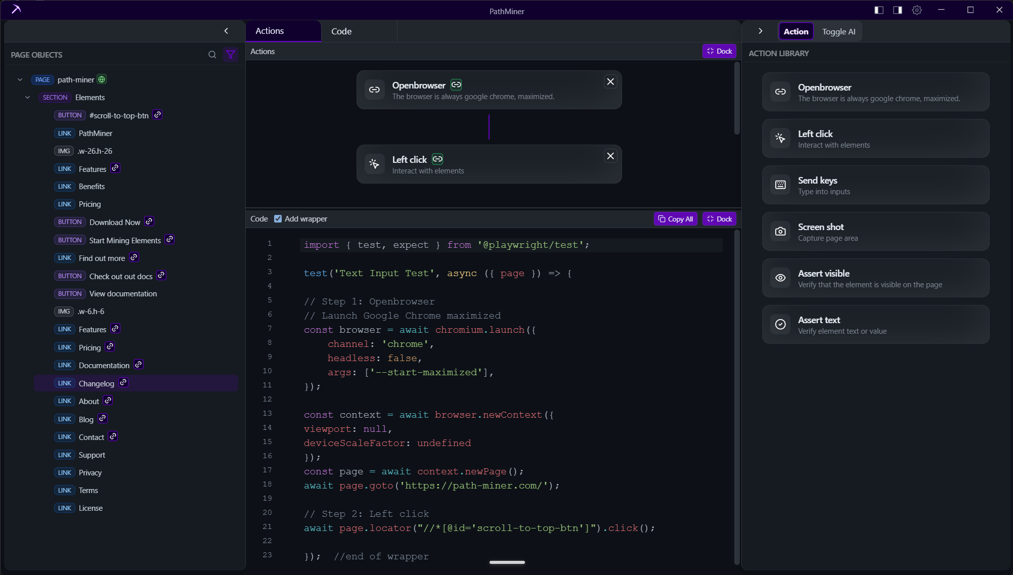 Actions and generated code view